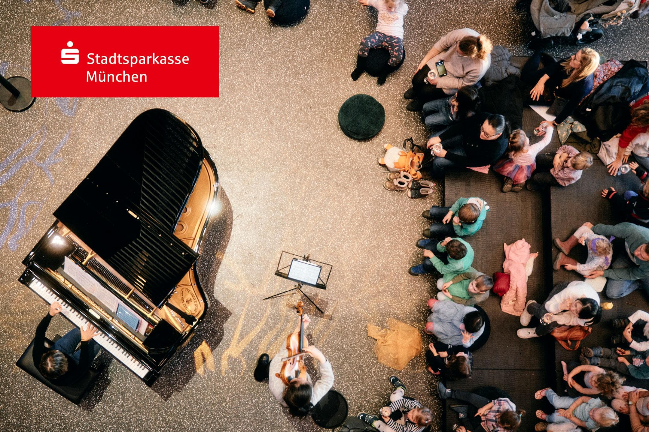 Colourful graphic for the Bergson children's concert series showing musical and percussion motifs.