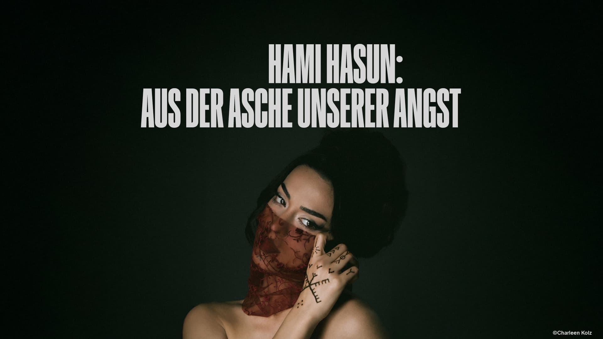 Poster artwork for Hami Hasun's evening "Aus der Asche unserer Angst" at Bergson, showing the author's name and book title.