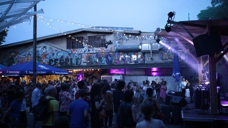 Crowd at a previous Corleone Summer Bash in the Import Export courtyard.
