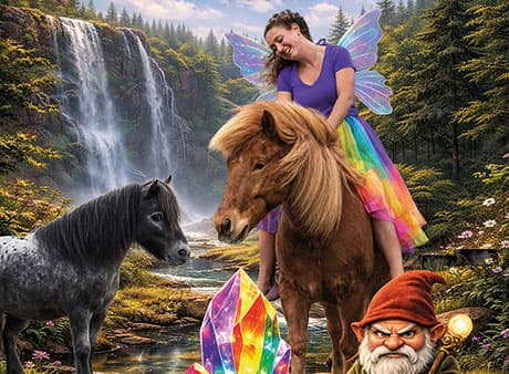Illustration of Peppino the pony and a glowing rainbow crystal for the children's horse show