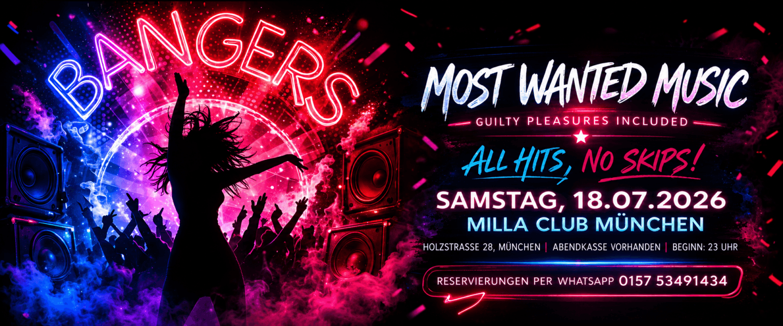 Bangers Party promotional graphic for the Milla Club club night in Munich.