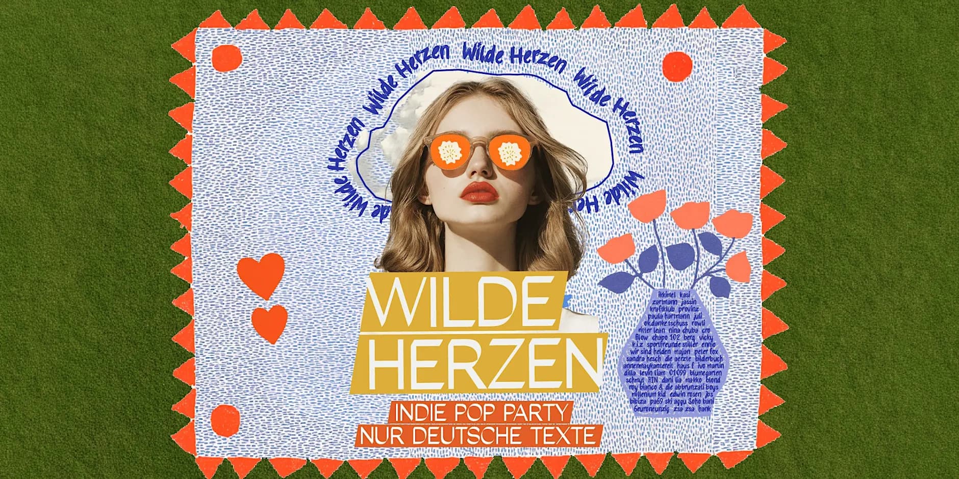 Poster for the Wilde Herzen indie-pop party at Milla Club in Munich.