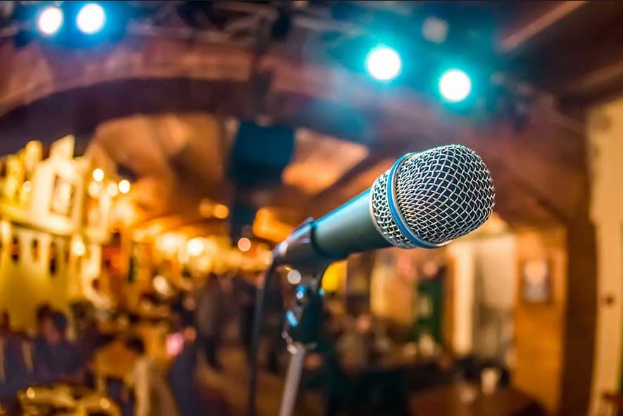 A singer holding a microphone at a karaoke night in Kennedy's pub in Munich.