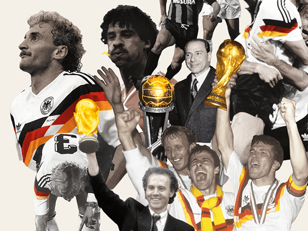 Photo collage of 1980s and 1990s football legends in West Germany and Italian club kits, holding the World Cup and other trophies.