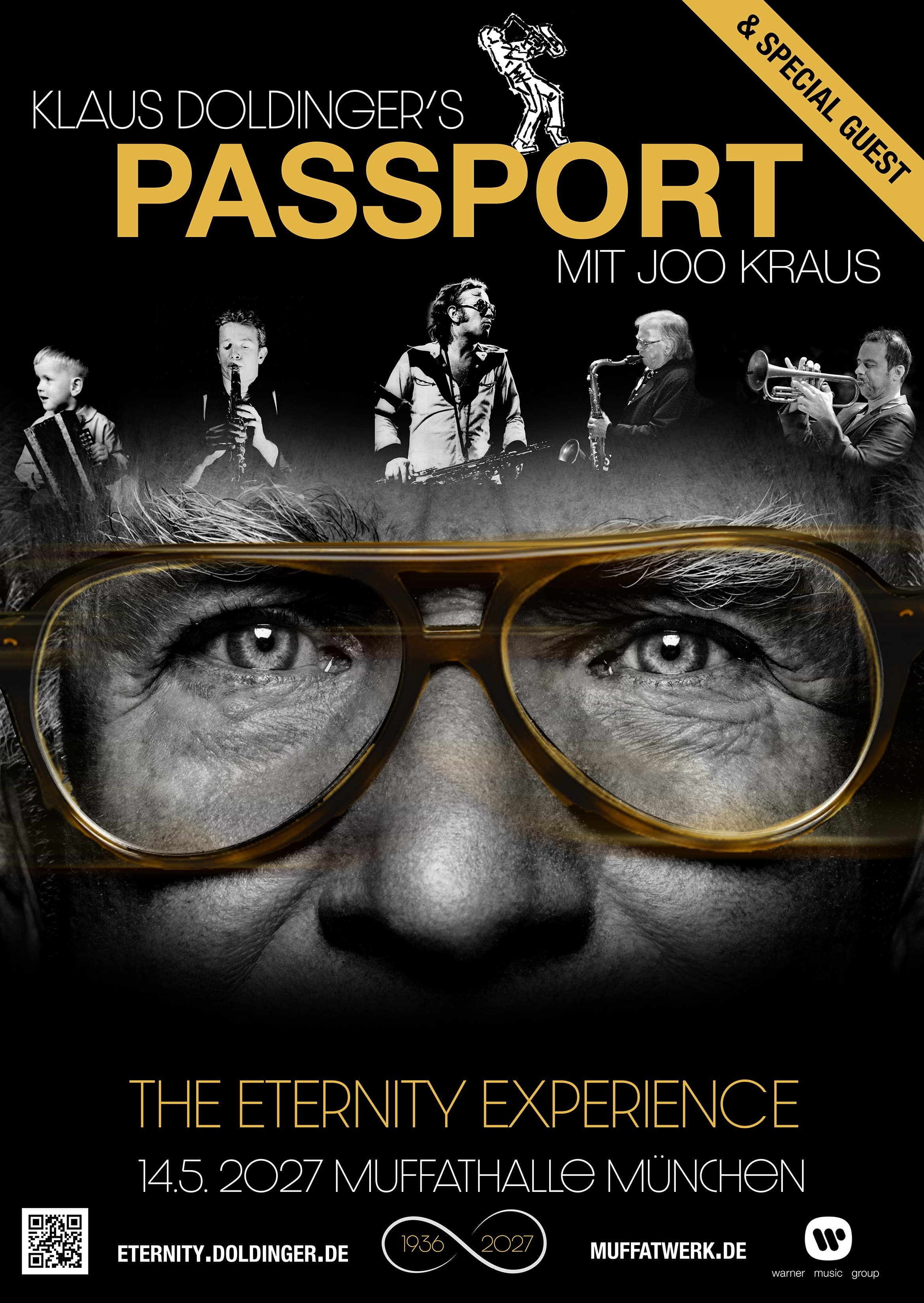 Concert poster for Passport with Klaus Doldinger and Joo Kraus pictured playing across their careers.