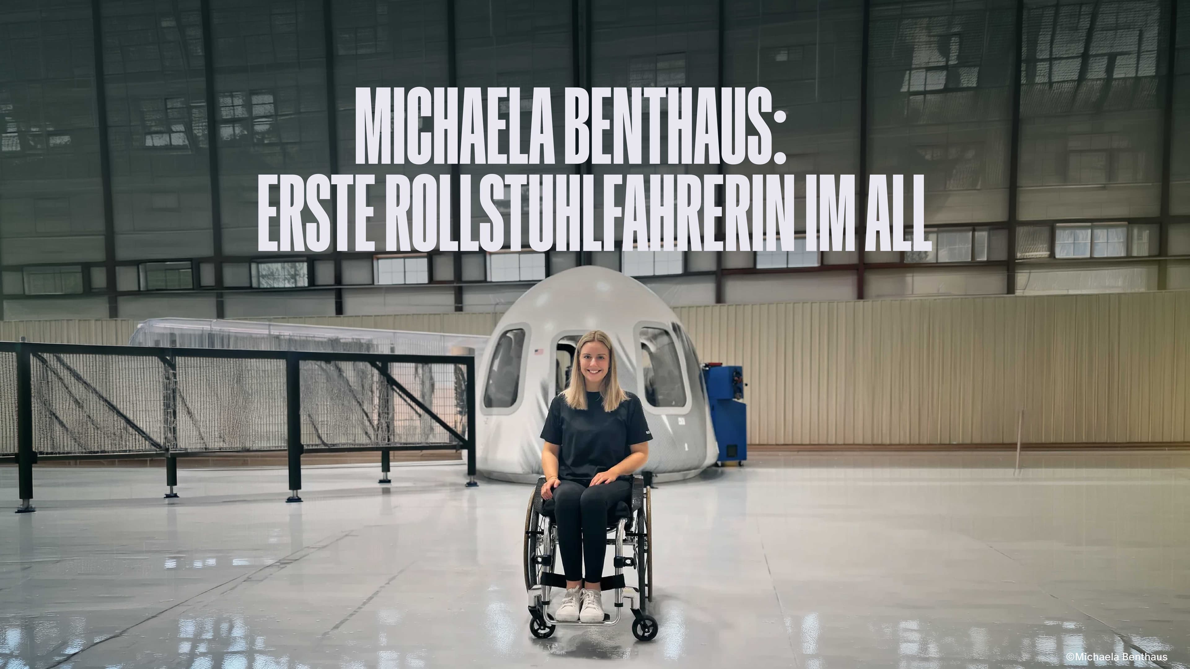 Promotional artwork for Michaela Benthaus's book presentation on being the first wheelchair user in space.
