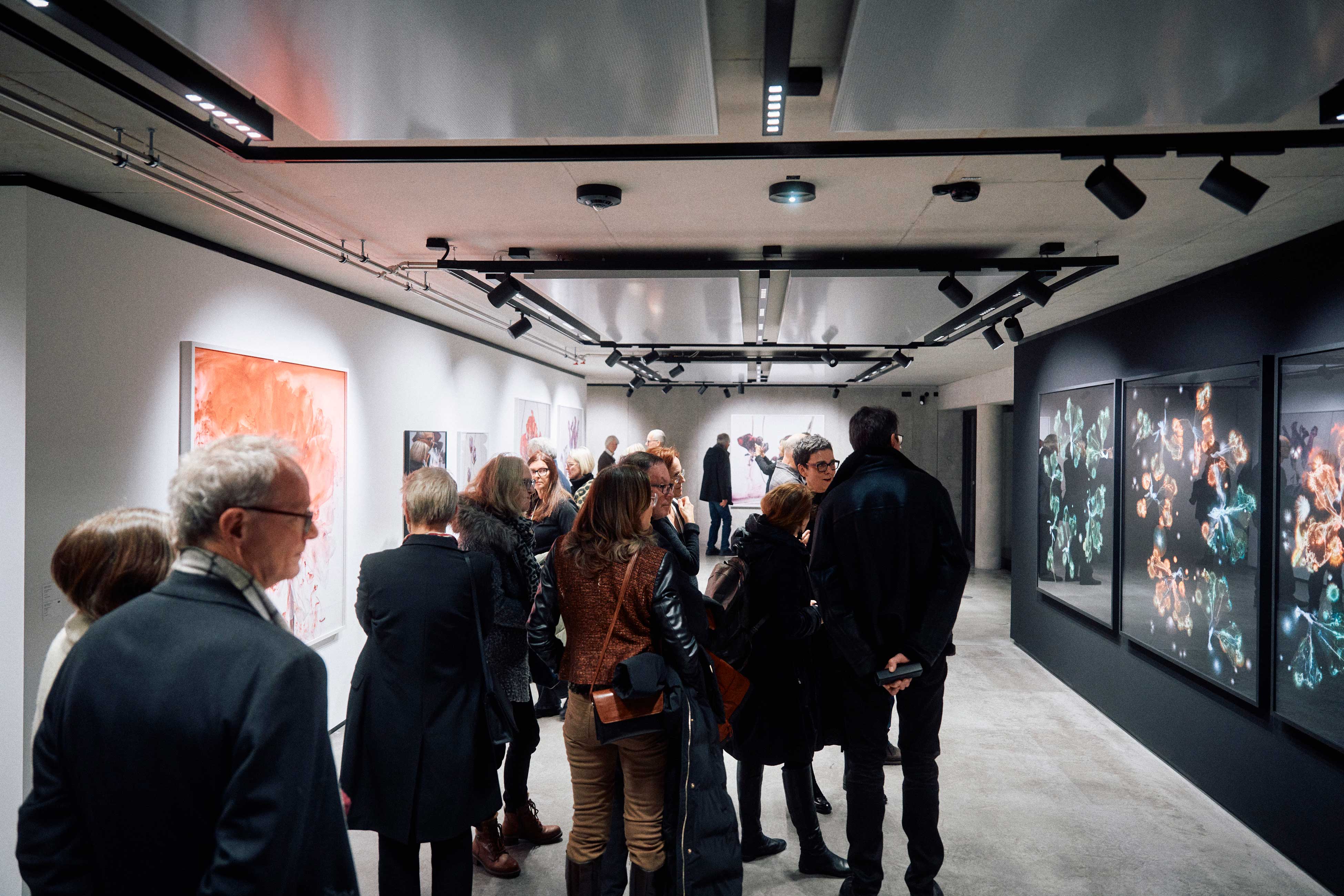 Interior of Bergson Gallery, a contemporary art space inside a tall converted industrial hall in Munich.