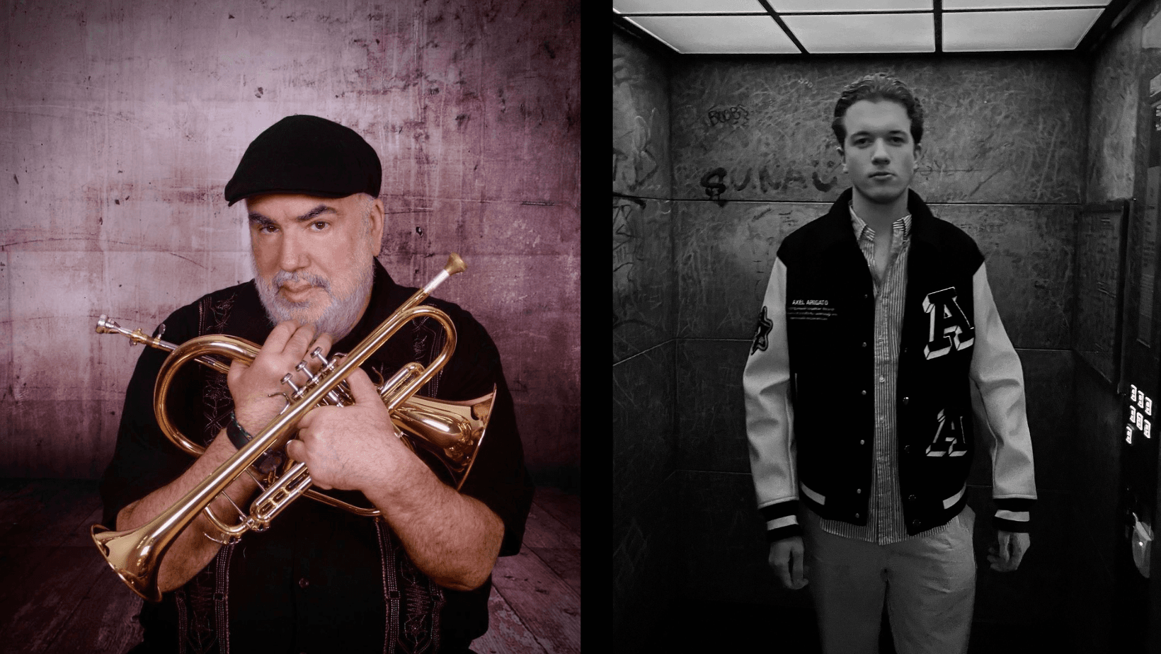 Portrait montage of trumpeter Randy Brecker on the left and drummer Konstantin Kölmel on the right.