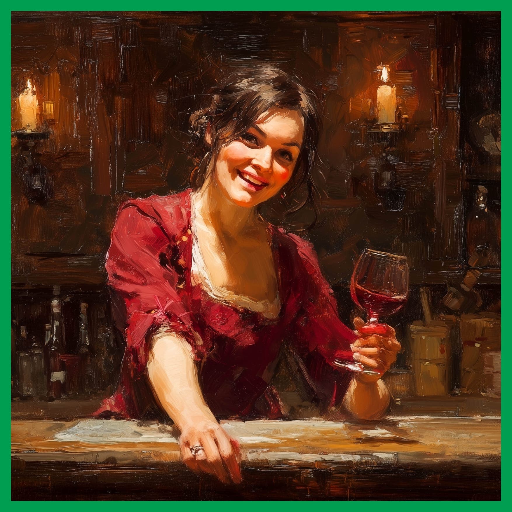 Painted portrait of a smiling woman in a red dress holding a wine glass, used for Mirandolina.