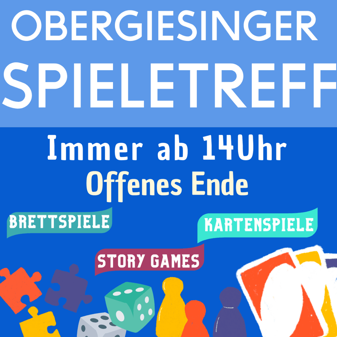 Promotional graphic for the Obergiesinger Spieletreff board and card game meetup at Giesinger Bahnhof.