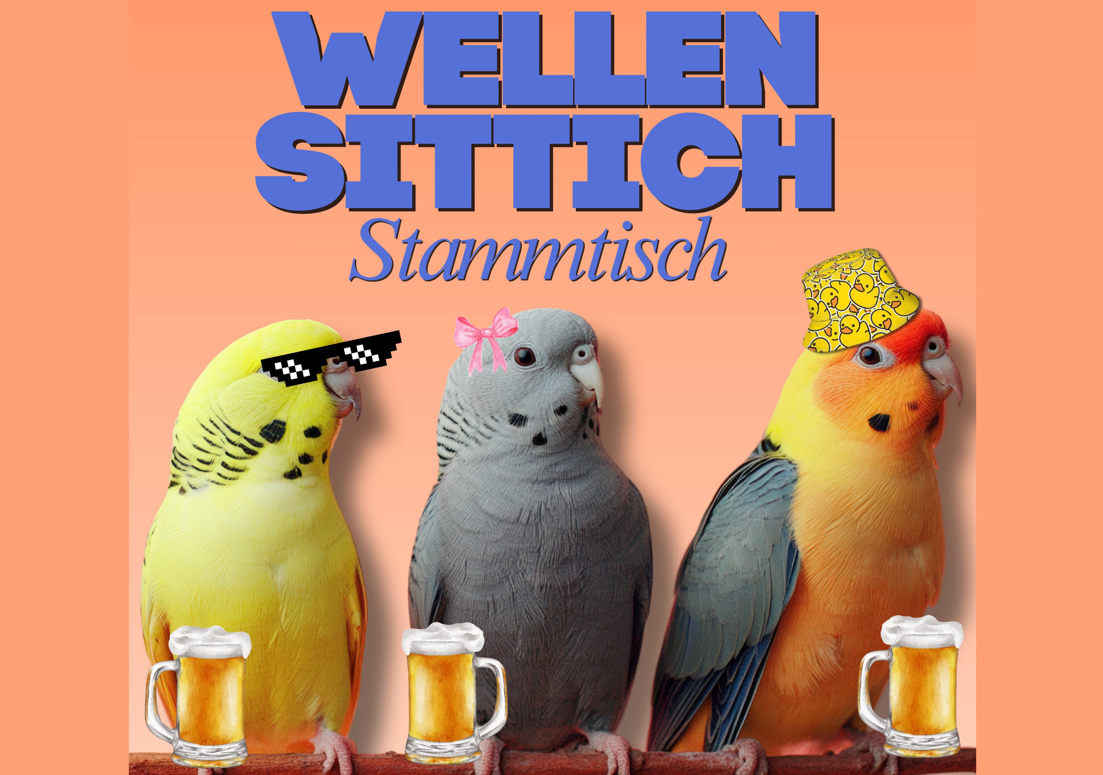 Promotional portrait of Wellensittich Stammtisch hosts Anja Bavaria, Räs and Vreni.