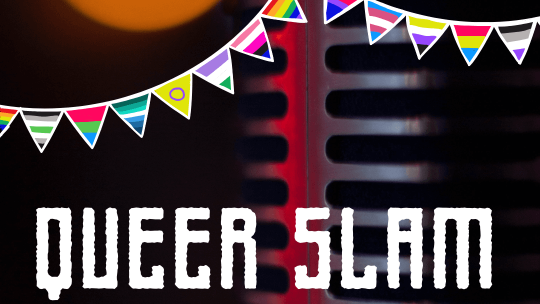 Promotional poster for Queer Slam München at Milla Club, with the event name in bold lettering.