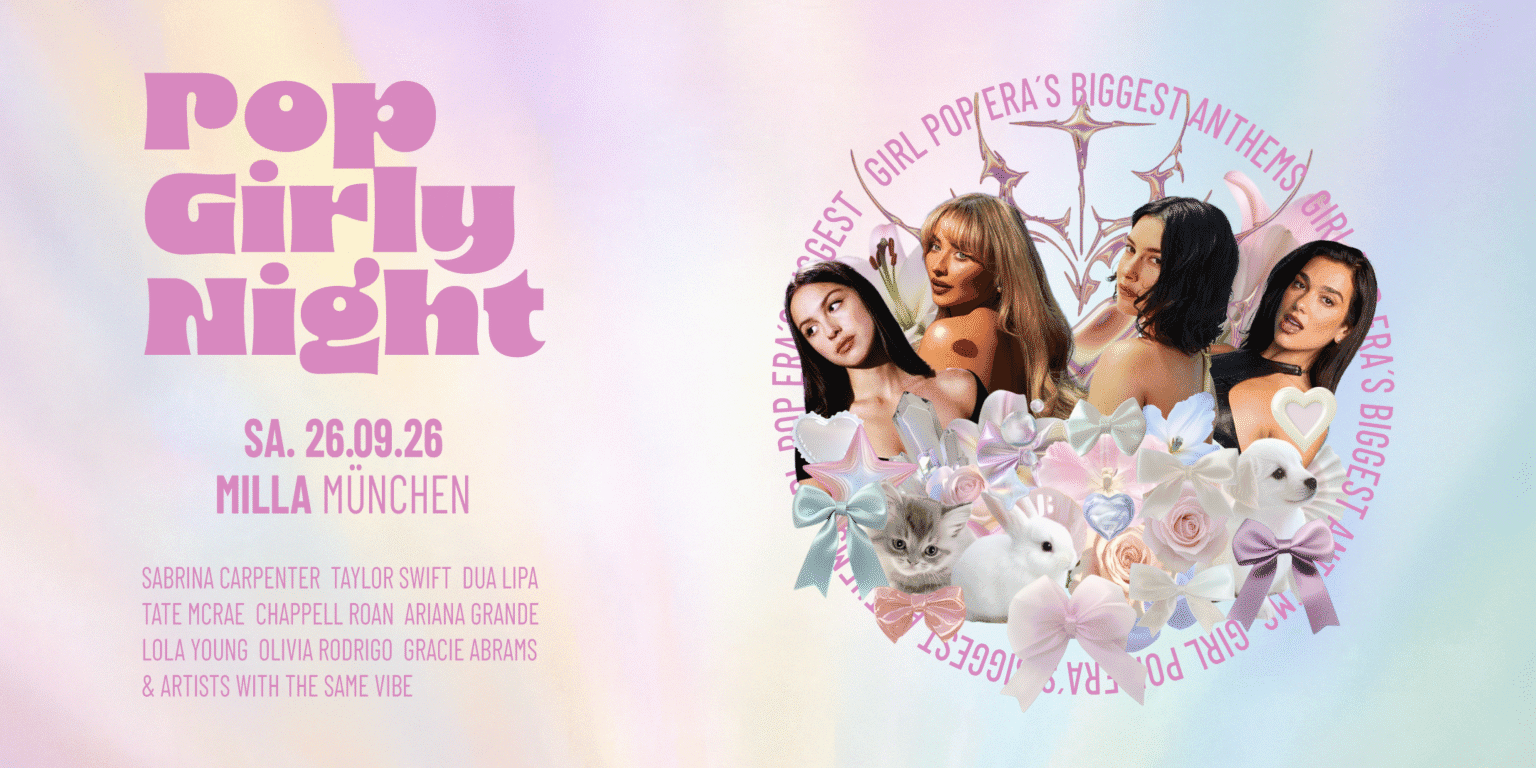 Pink promotional banner for Pop Girly Night at Milla Munich with the event name in bold lettering.