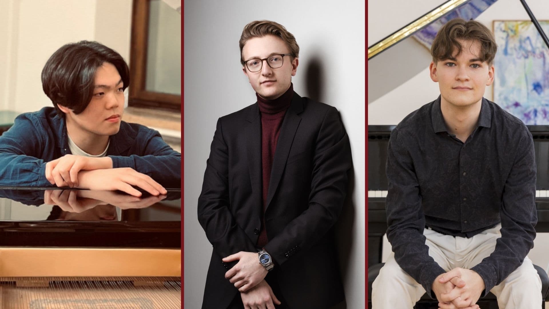Collage of pianists Naoe Sasaki, Anthony Sintow-Behrens and Louis Mühlbauer