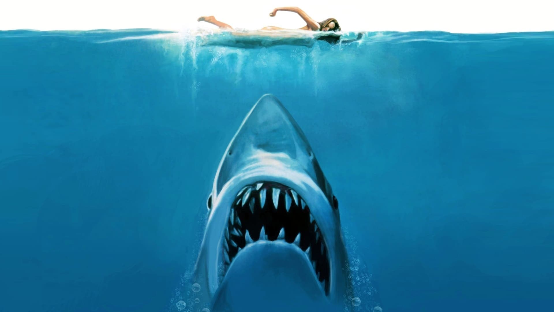Poster still from Jaws with a swimmer above a shark