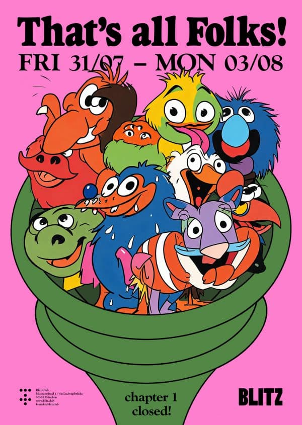 Blitz Club closing weekend poster reading THAT'S ALL FOLKS