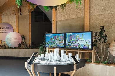 Interaktives Ausstellungsdisplay mit einem runden Tisch auf hölzernem Gestell, darauf ein weißes 3D-Modell einer Stadt; zwei Bildschirme im Hintergrund zeigen farbige Stadtgrafiken; große ovale Deckenleuchte mit hängender Begrünung, Pflanzen und erklärende Texttafeln an den Wänden.