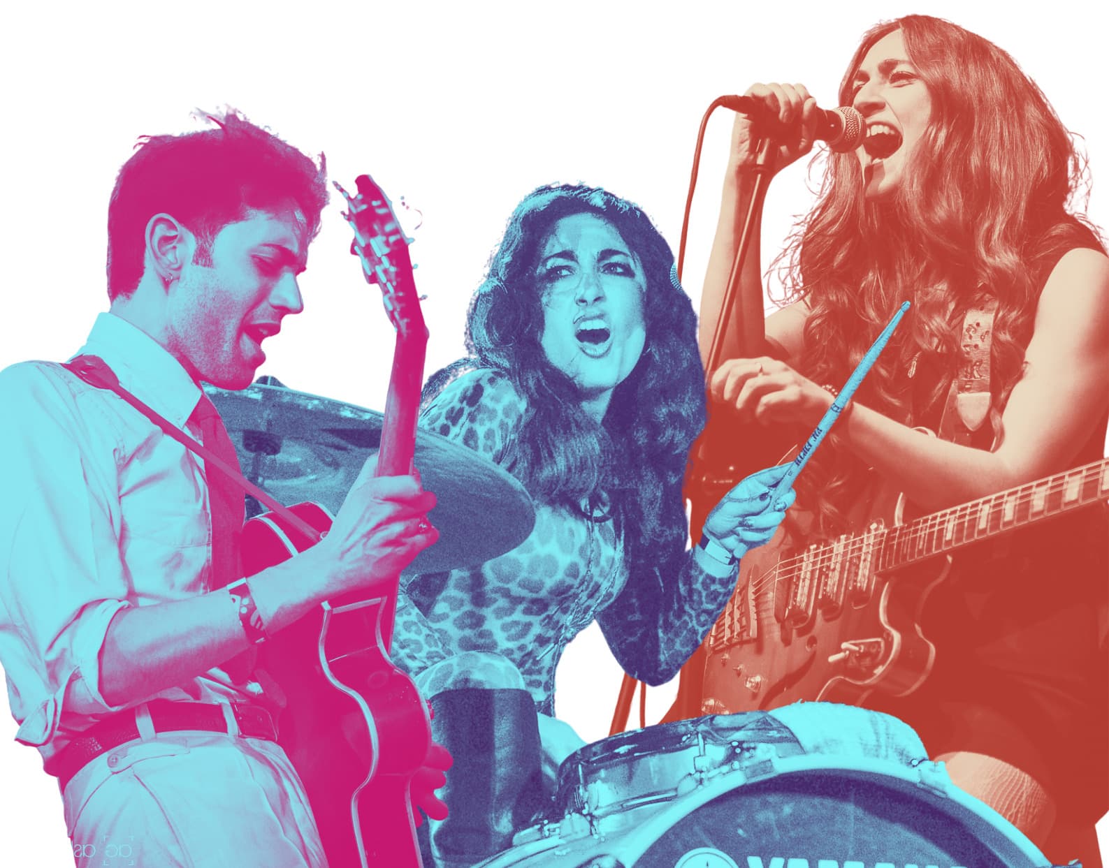 Press photo collage of the band Kitty, Daisy & Lewis with their instruments.