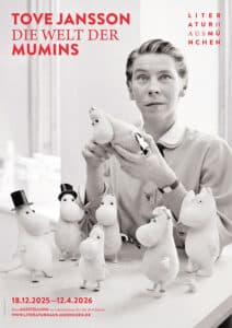 Exhibition poster showing Tove Jansson with Moomin puppets, 1956.