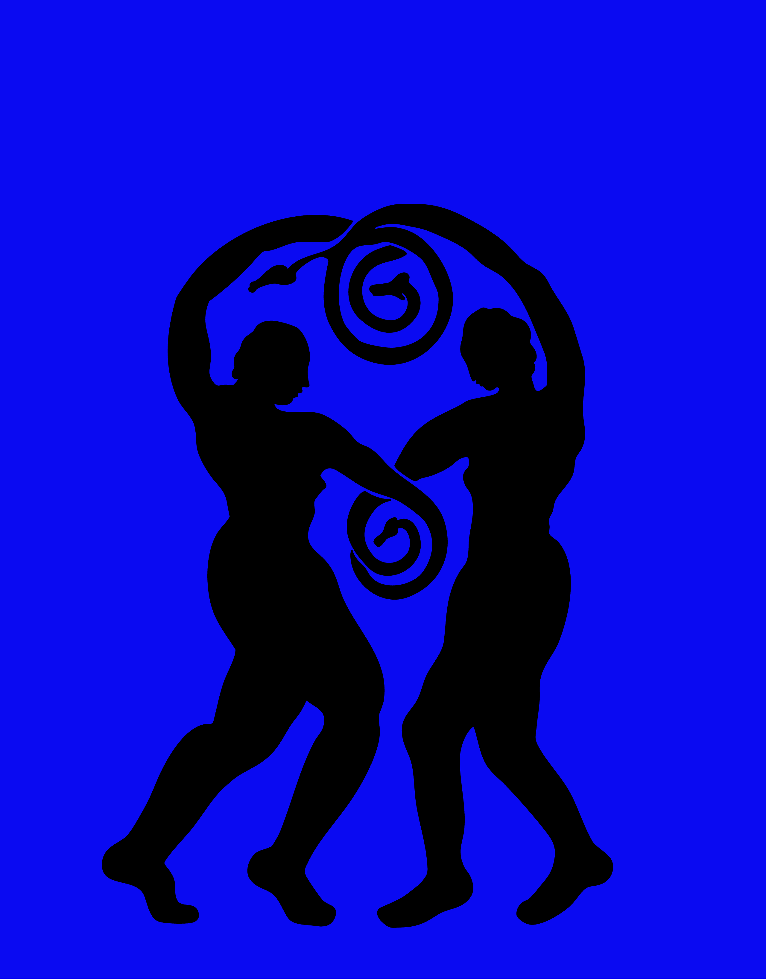 Two black silhouetted figures dancing close together against a vivid electric-blue background, with spiral motifs swirling around them.