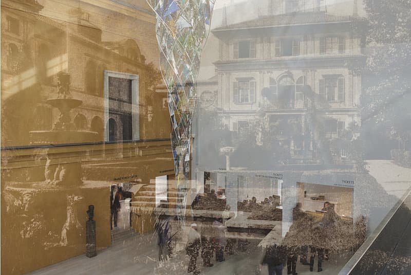 Layered collage of historic Königsplatz imagery and the modern NS Documentation Centre interior.