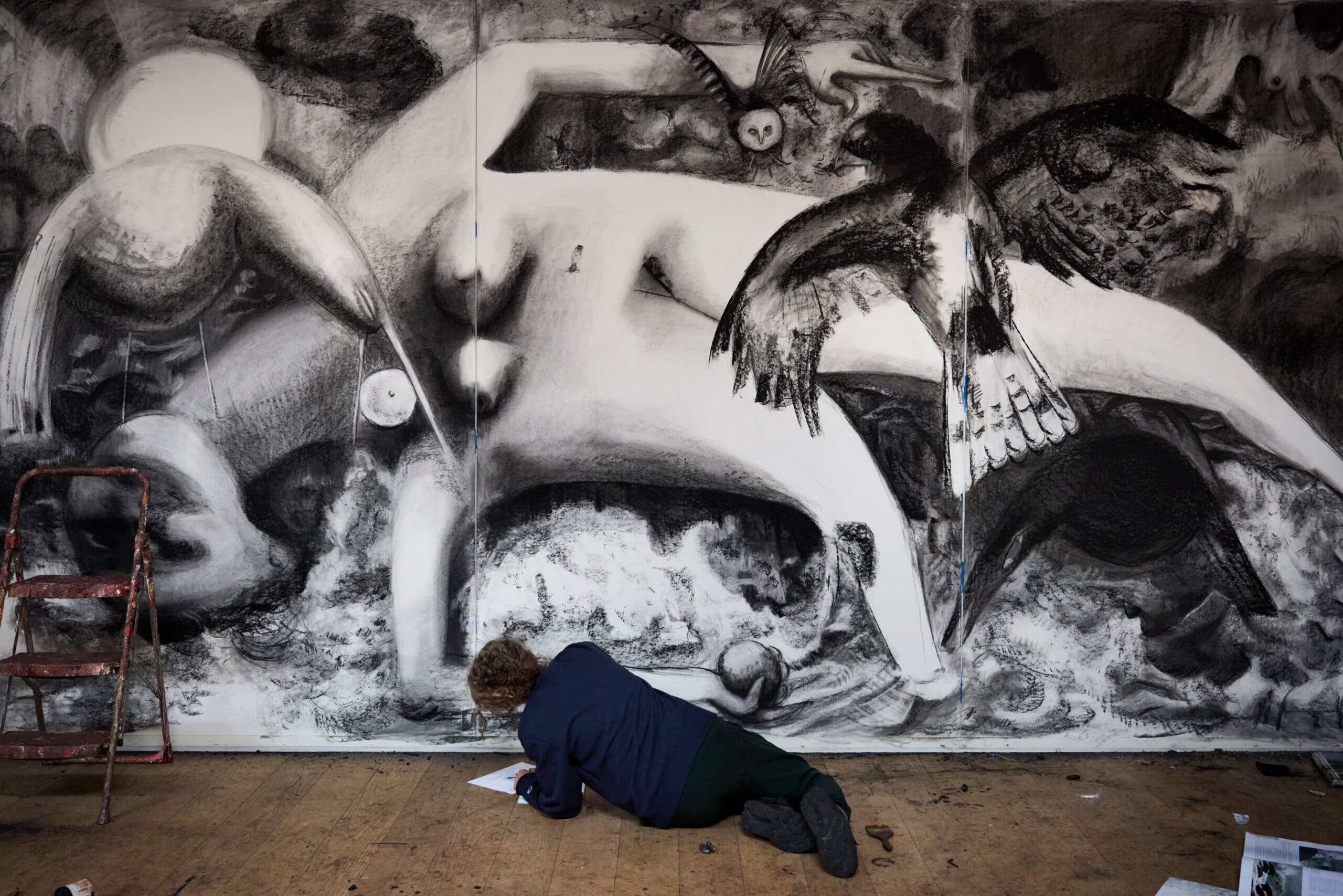 Charcoal drawing by Dana Schutz in her studio