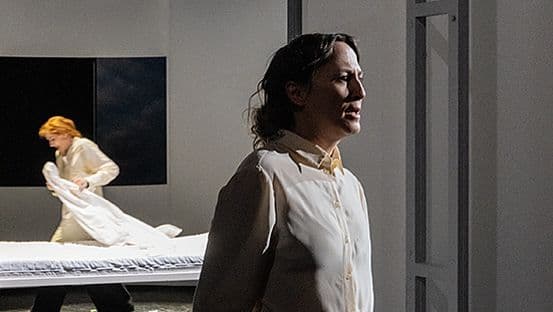 Two actresses on a sparse stage in a scene from the production Ein sanfter Tod at the Marstall.