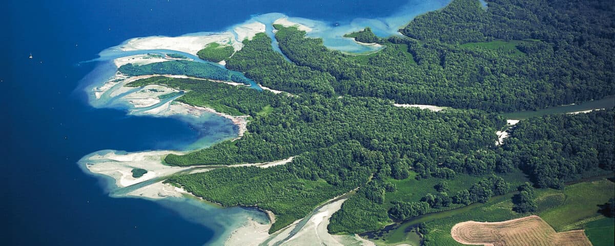 An aerial view of the Tiroler Achen delta reaching into Chiemsee.